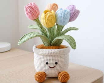 Cute Tulip Flower Pot Crochet Pattern - Crochet Flower Pot Home Decoration, DIY Tulip Flower Gift Mothers Day, Amigurumi Tulip Pot