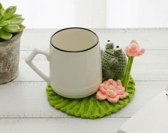 Crochet Frog on Lotus Leaf Coaster – Cute Amigurumi Coaster PDF Pattern, Fun Frog Crochet Tutorial, Unique Home Decor Gift
