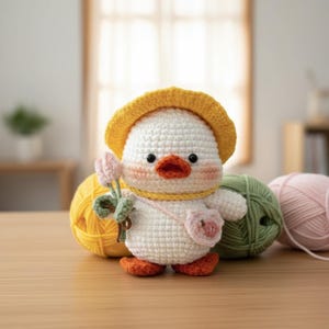 May include: A handcrafted crochet duckling, adorned with a yellow hat and holding pink tulips. The duckling features an orange beak and feet, a pink purse, and is set against balls of yarn in yellow, green, and pink.