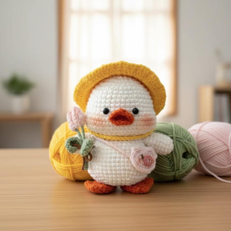 May include: A handcrafted crochet duckling, adorned with a yellow hat and holding pink tulips. The duckling features an orange beak and feet, a pink purse, and is set against balls of yarn in yellow, green, and pink.