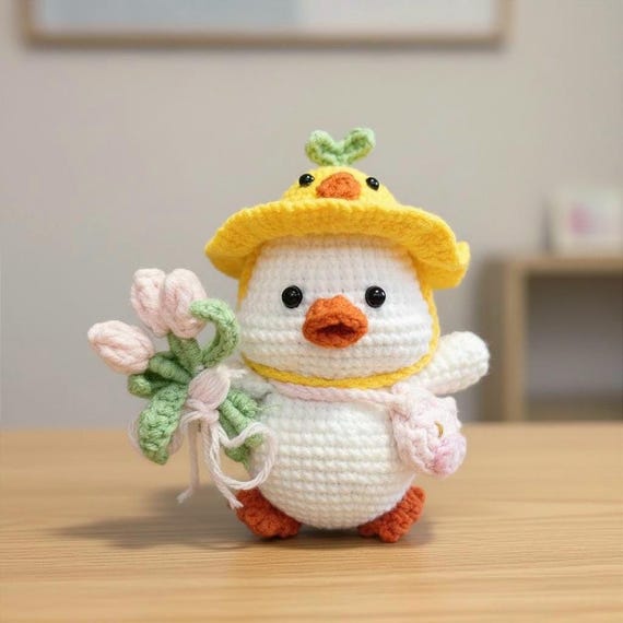 Duckling Hug Tulip Crochet Pattern - Amigurumi Duckling Flower Crochet, Crochet Cute Duck Amigurumi, Easy Crochet for Beginners