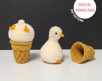 Duck Ice Cream Cone Crochet PDF Pattern - Cute Duck Amigurumi - Ice Cream Crochet Tutorial - Play Food Crochet Pattern - Funny Duck Crochet