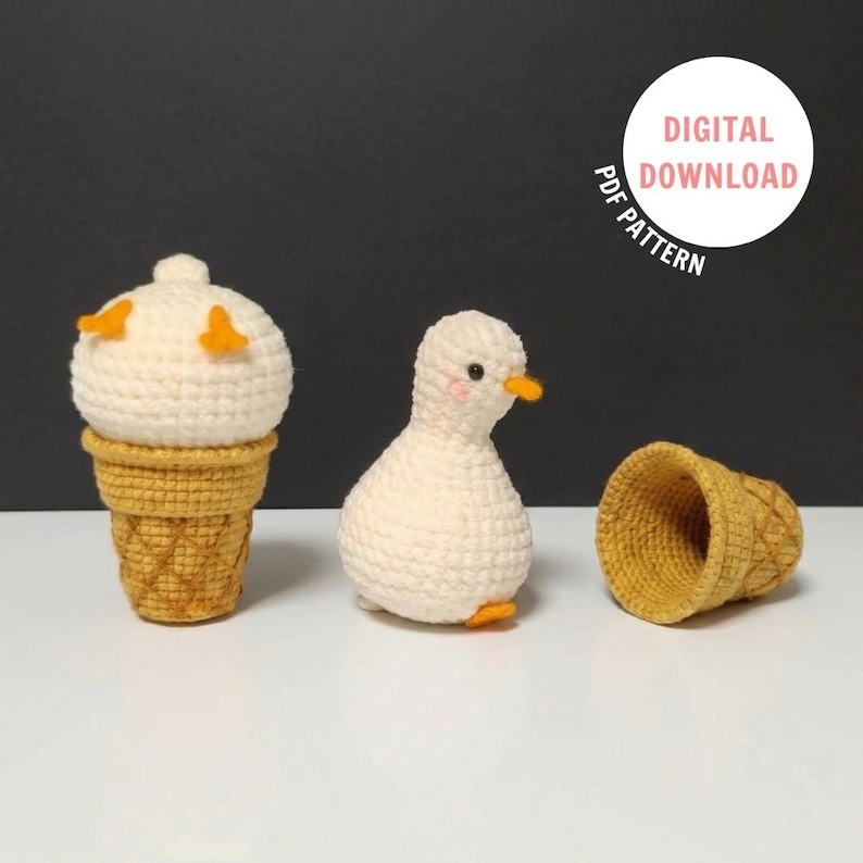Duck Ice Cream Cone Crochet PDF Pattern - Cute Duck Amigurumi - Ice Cream Crochet Tutorial - Play Food Crochet Pattern - Funny Duck Crochet image 1