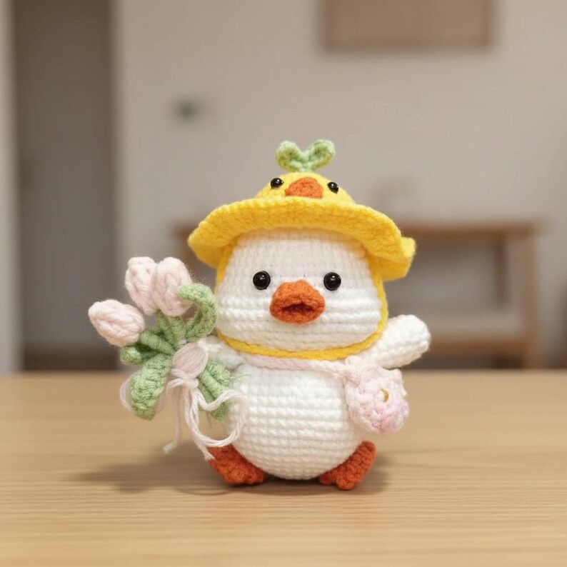 May include: A crocheted chick toy, wearing a yellow hat with a green leaf and holding pink tulips. The chick has an orange beak and feet, and a pink scarf and purse. The toy is made of white and yellow yarn, a charming handmade item.