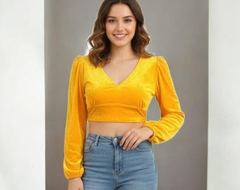 Women’s Velvet V-Neck Long Sleeve Crop Top Casual & Evening Wear Blouse