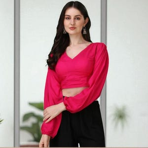 Women Cotton V-Neck Puff Sleeves Saree Blouse Piece Wedding Party Wear Crop Top Choli Festival, Wedding, Pooja Party Readymade Sari Blouse