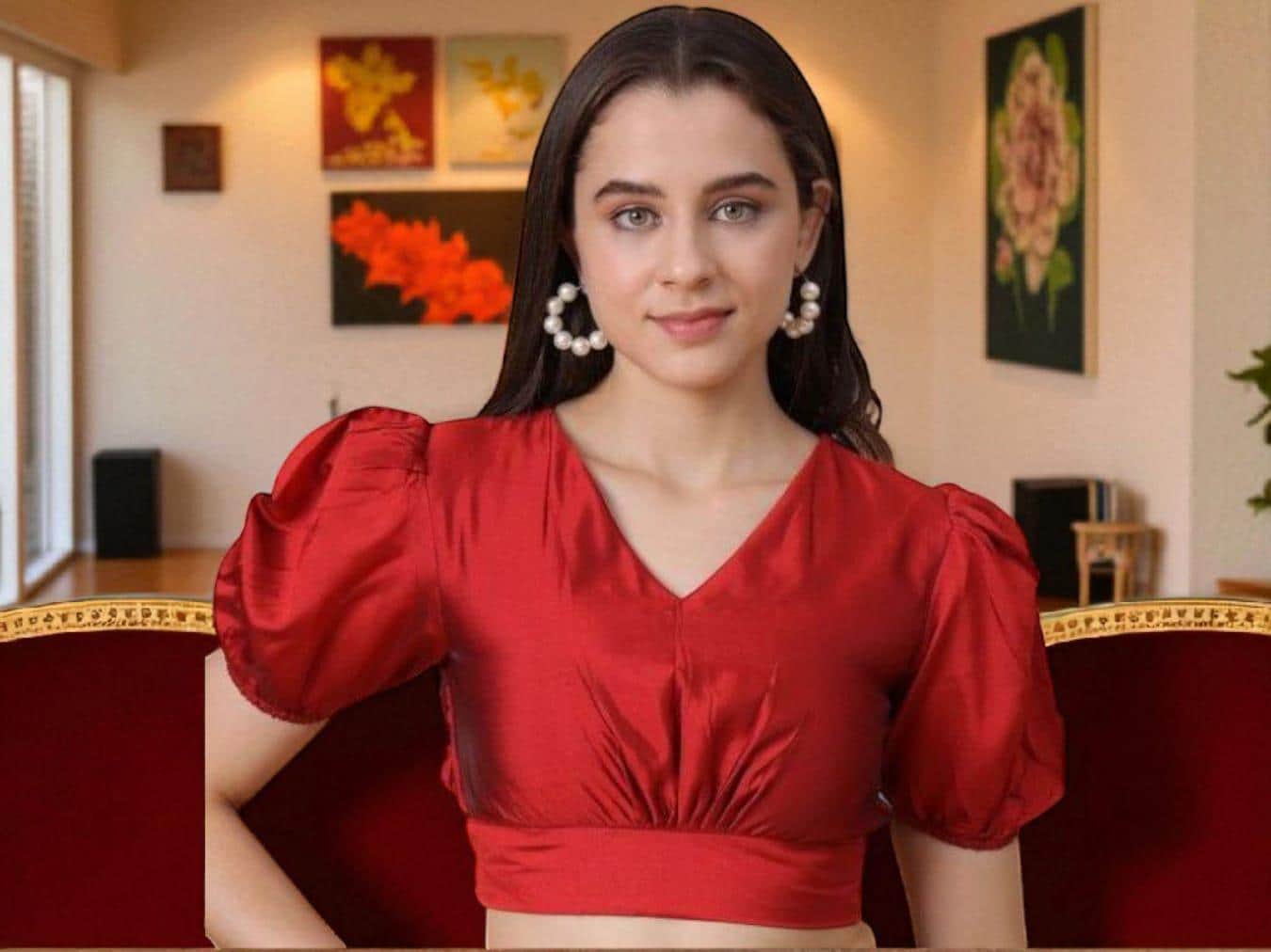 UNICRAFTSINDIA レディース サテン 既製サリー ブラウス Vネック