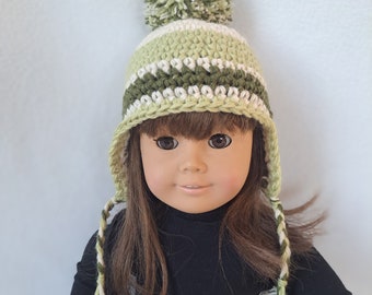 Crochet Pattern, Spring Green Doll Ear Flap Beanie, crochet doll pattern, hat pattern for 18 inch doll, doll beanie pattern