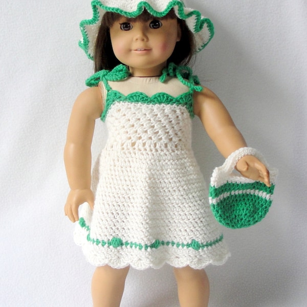 Crochet Pattern Doll Sun Dress Set  pattern for  18 inch doll, doll dress pattern, crochet dress pattern, hat,