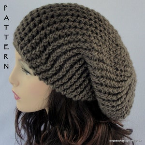 May include: A brown knitted beanie with a slouchy fit. The beanie is made with a textured stitch pattern.