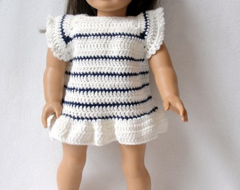 Crochet Pattern Doll Breton Style Dress,  pattern for 18 inch doll; doll dress pattern, crochet dress pattern