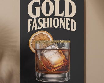 Gold Fashioned Cocktail Print | Retro Whiskey Bar Art (Digital Download)
