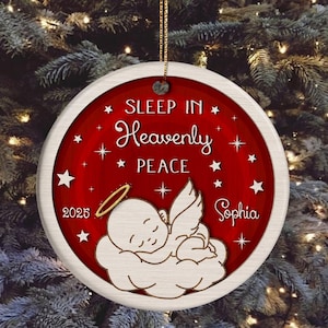 Personalized Baby Memorial Ornament, Sleep In Heavenly Peace,Angel Baby Halo & Cloud Design, Infant Loss Keepsake, Remembrance Gift