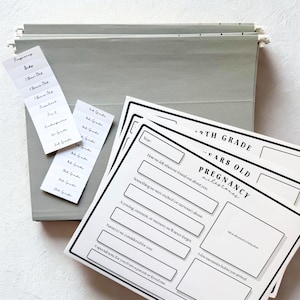 May include: A set of gray file folders with labeled tabs, alongside several white pages with black text. The pages are titled "Pregnancy Milestones" and include fill-in sections for memories and notes. The tabs are labeled with milestones.