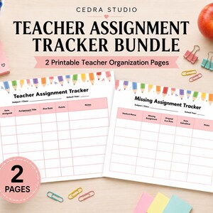 Puede incluir: Un paquete de seguimiento de tareas para docentes con dos páginas imprimibles con un borde de lápices de colores. Las hojas incluyen columnas para registrar tareas, fechas de entrega y nombres, con el texto Teacher Assignment Tracker.