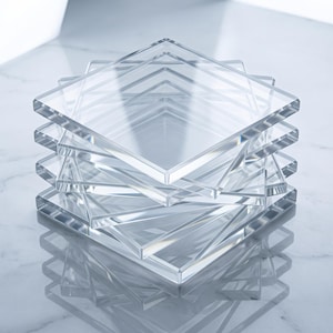 May include: A stack of five square, clear acrylic coasters with smooth, polished edges. Each coaster features a transparent, glass-like appearance with sharp, defined corners and a flat surface, creating a layered, geometric visual effect.