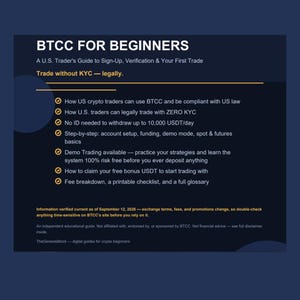 Könnte beinhalten: Eine dunkelblaue Infografik mit dem Titel BTCC FOR BEGINNERS: A U.S. Trader's Guide to Sign-Up, Verification & Your First Trade. Sie listet Funktionen wie Handel ohne KYC, Auszahlungen bis zu 10.000 USDT/Tag und Demo-Handelsoptionen auf.
