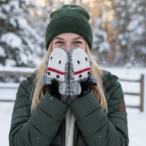 Hand Knit Wool Animal Mittens and Hat : Fleece Lined Winter Warmth Sock Monkey