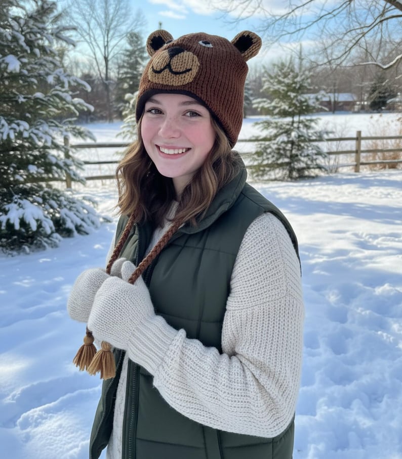 May include: A brown knit bear hat with ear flaps and a bear face design. The hat is worn with a green vest, a cream-colored sweater, and white knit gloves with tassels. The background is a snowy winter scene.