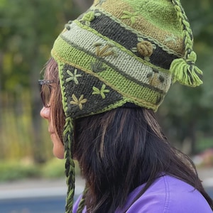 Wool Hand Knit Earflap Beanie Ski Fleeced Lining Unisex Sherpa Hat Nepal