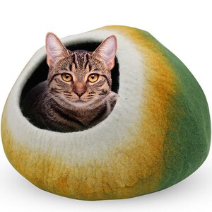 May include: A tabby cat peeks out from a cozy, enclosed cat bed. The bed is a rounded shape, with a color gradient of green, yellow, and white. The cat's fur is brown and black, and its eyes are yellow.