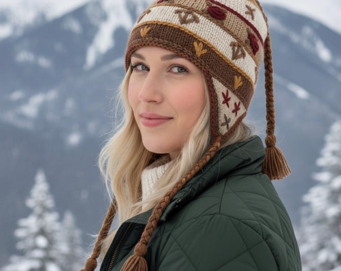 Wool Hand Knit Earflap Beanie Ski Fleeced Lining Unisex Sherpa Hat Nepal
