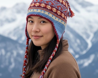 Wool Hand Knit ski Earflap Beanie and Mittens Fleeced Lining Unisex Sherpa Hat Nepal
