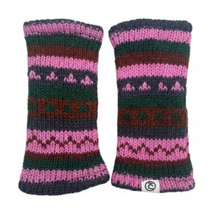 May include: A pair of knitted arm warmers in shades of pink, green, brown, and gray. The arm warmers feature a striped pattern with geometric and zig-zag designs. The cuffs are a darker gray color. A small white tag with a logo is visible on one of the arm warmers.