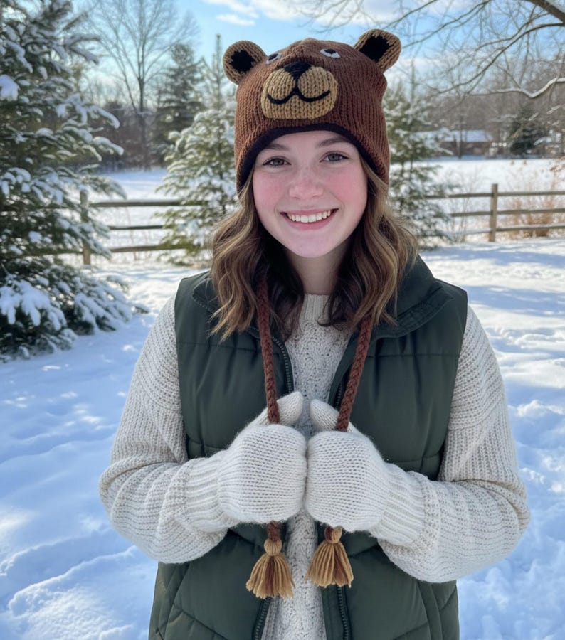 May include: A brown bear-shaped knit hat with ear flaps and a bear face design. The person is wearing a green vest, a cream-colored sweater, and white knit mittens with brown tassels. The background is a snowy winter scene.