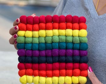 Handgemaakte vilten bal onderzetter: Rainbow Hot Pads, keukendecor