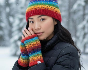 Handgestrickte Wollmütze und fingerlose Handschuhe | Fleece gefüttert, Unisex