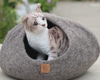 Hand Felted Wool Cat Cave: Natural Warm Cat Bed