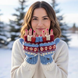 Mitones/gorro convertibles de lana tejidos a mano: guantes/gorro sin dedos con forro polar