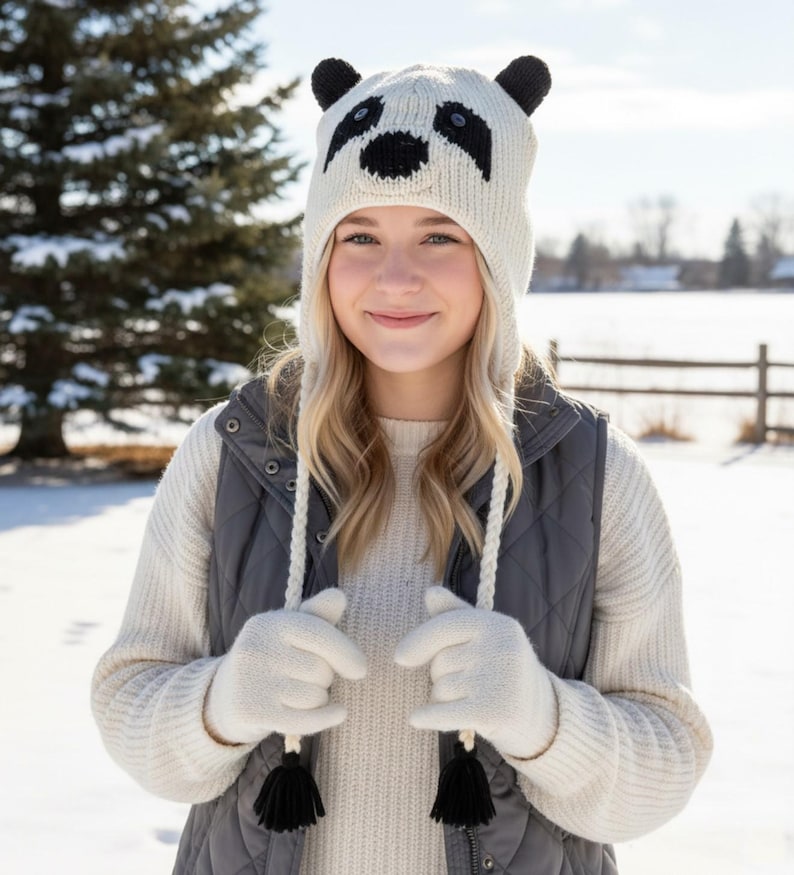 May include: A knitted panda hat with black and white details, featuring ear flaps and a tassel tie. The person is wearing a white sweater, gray vest, and white gloves. The background shows a snowy landscape.