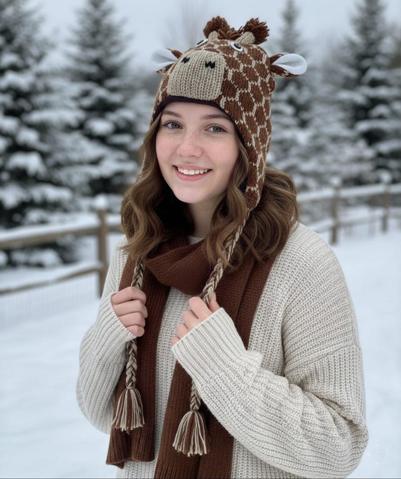 May include: A brown and tan giraffe hat with ear flaps and a matching brown scarf. The hat features a giraffe face with a patterned design. The scarf has braided tassels. The person is wearing a cream-colored sweater.