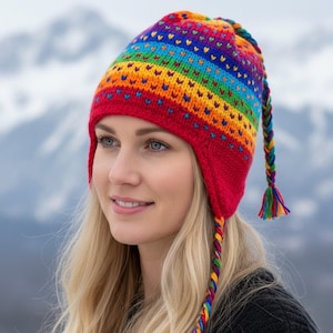 Handgestrickte Mütze mit Ohrenklappen | Regenbogen Sherpa Skimütze
