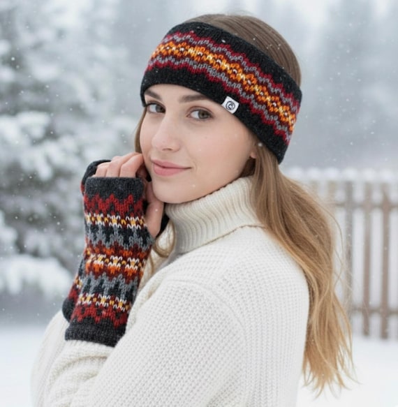 Handmade Lamb Wool Headband and Hand Warmer Set, Fleece Lined