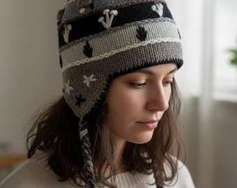 Wool Hand Knit Earflap Beanie Ski Fleeced Lining Unisex Sherpa Hat Nepal