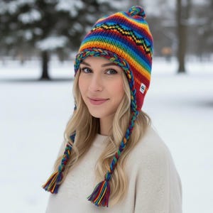 Hand Knit Wool Earflap Beanie | Multi Color Sherpa Ski Hat or Converible glove.