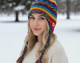 Hand Knit Wool Earflap Beanie | Multi Color Sherpa Ski Hat or Converible glove.