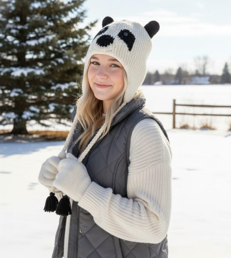 May include: A cream-colored knit panda hat with black eyes and ears. The hat has a matching cream-colored chin strap with black tassels. The person is wearing a gray quilted vest and cream-colored gloves.