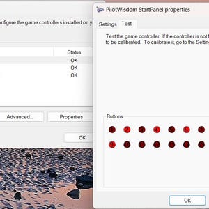May include: Screenshot of a Windows window displaying game controller settings. The window shows a list of installed controllers and a properties window with test options and button configurations. Red button indicators are visible.