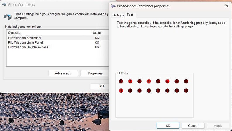 May include: Screenshot of a Windows window displaying game controller settings. The window shows a list of installed controllers and a properties window with test options and button configurations. Red button indicators are visible.