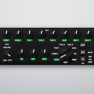 May include: A black aircraft communication control panel featuring multiple rotary knobs and push buttons with illuminated green text labels including COM 1, COM 2, TAC 1, TAC 2, TAC 3, AUX, NAV 1, NAV 2, TEL, ADF, MKR, HRTF, ACK, ICS, and a large XMT selector knob.