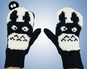 Knit Totoro Inspired Mittens Black and White Knitted Mittens Hand Knit Mittens Black & White Warm Winter Mitts Women's or Men's Sizes