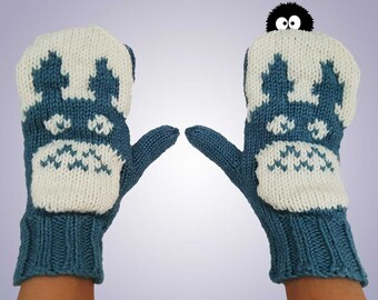 Knit Totoro Inspired Mittens Blue and White Knitted Women's Mittens Hand Knit Mittens Blue & White Warm Winter Mitts - Vegan Knit Mittens