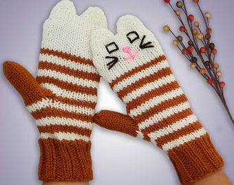 Marmalade Cat Mittens Rusty Orange and Cream Striped Cat Mittens - Vegan Animal Mittens - Cat Face Animal Mittens - Knit Orange Cat Mittens