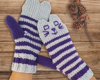 Knit Purple and Grey Cat Mittens - Handmade Knitted Cat Mittens - Vegan Cat Mittens - Hand Knit Animal Mittens - Original Kitten Mittens