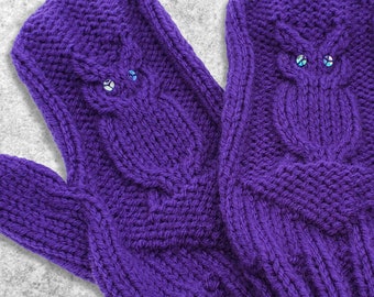 Purple Owl Mittens Handknit with Sequins - Purple Knit Mittens - Cute Vegan Knit Mittens with Owls - Purple Owl Mitts - Vegan Mittens