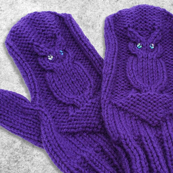 Purple Owl Mittens Handknit with Sequins - Purple Knit Mittens - Cute Vegan Knit Mittens with Owls - Purple Owl Mitts - Vegan Mittens